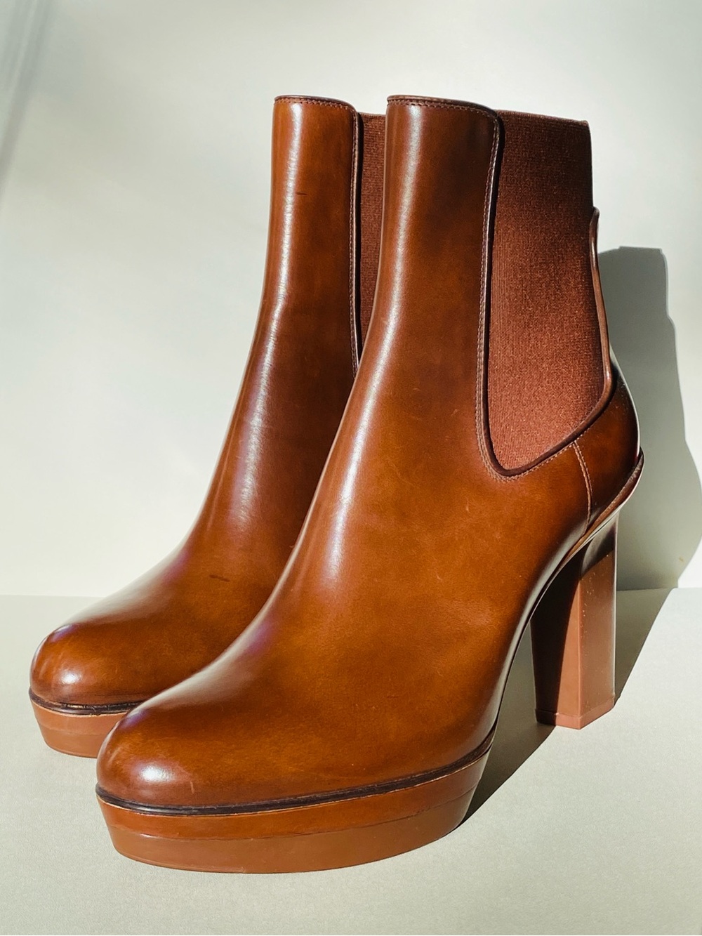 Santoni Italy Leather Platform High-Heel Ankle Boot Cognac Brown Luxury NWT